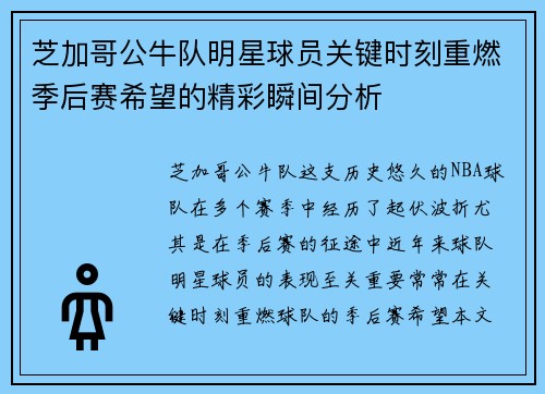 芝加哥公牛队明星球员关键时刻重燃季后赛希望的精彩瞬间分析